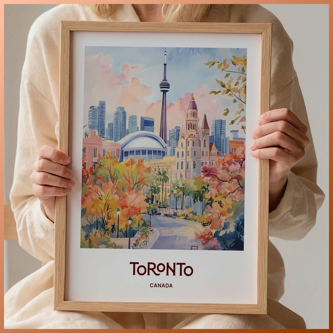 Toronto Canada CN Tower Skyline Autumn Watercolor Travel Poster