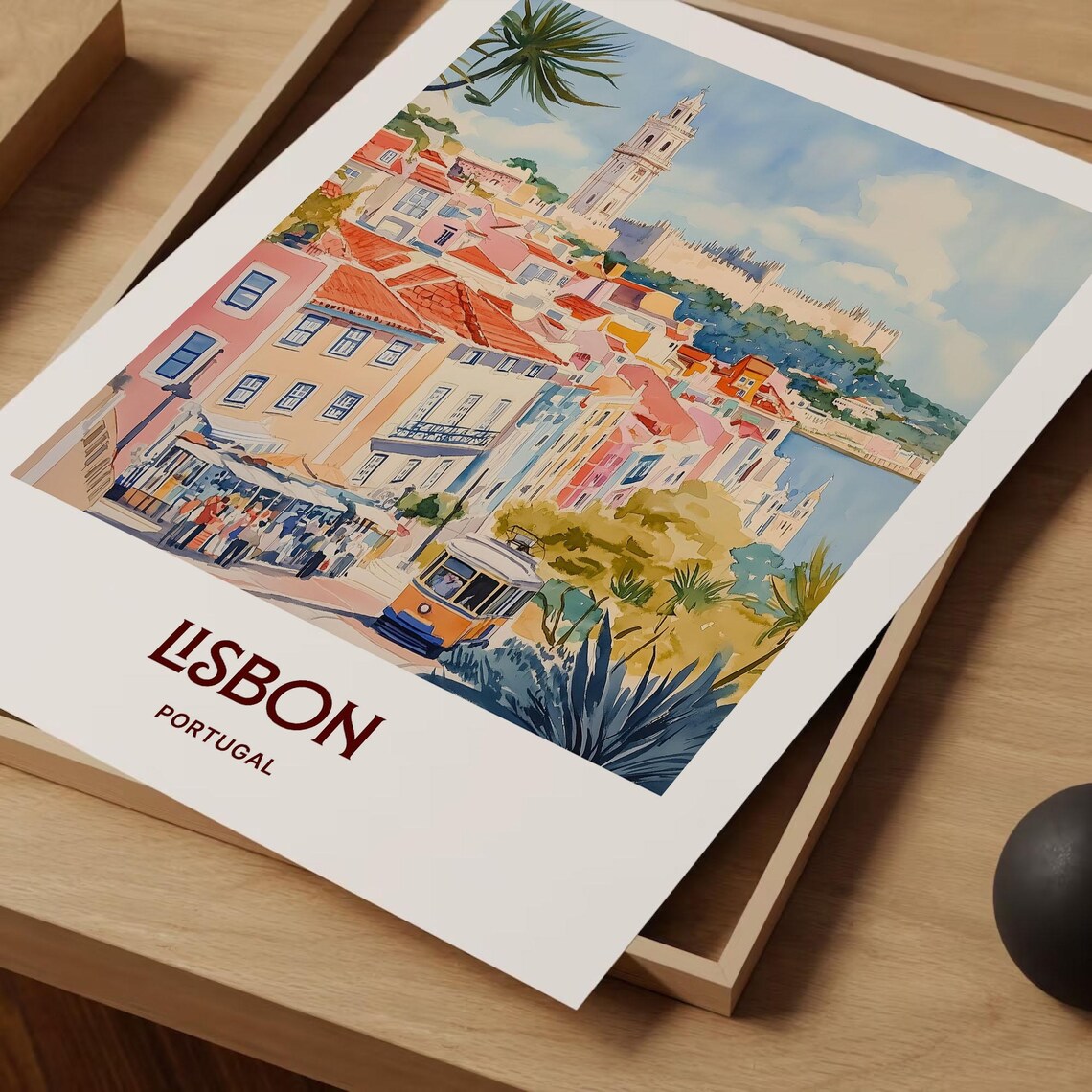 Lisbon Portugal Yellow Tram Alfama Street Watercolor Travel Poster - Image 2