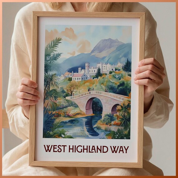 West Highland Way Scotland Stone Bridge Castle Watercolor Hiking Poster