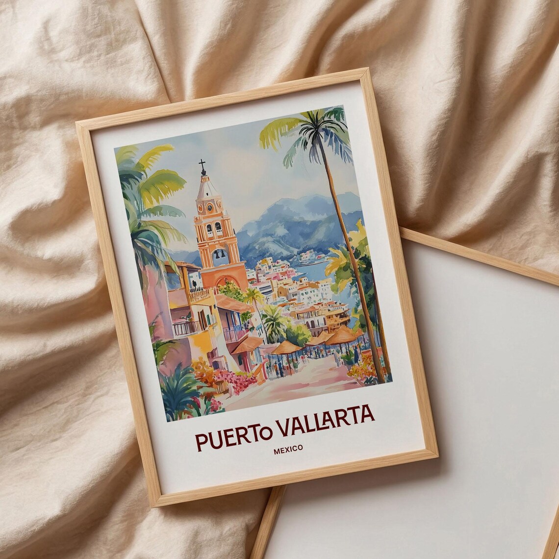 Puerto Vallarta Mexico Church Tower Boardwalk Watercolor Travel Poster - Image 3