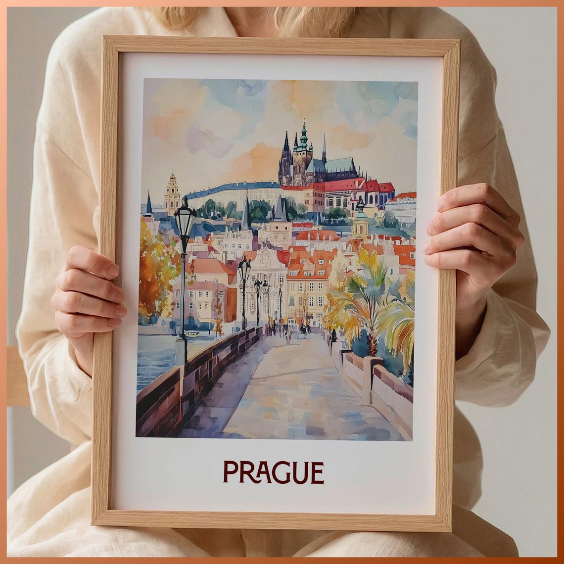 Prague Watercolor Castle Skyline Historic Bridge View Poster