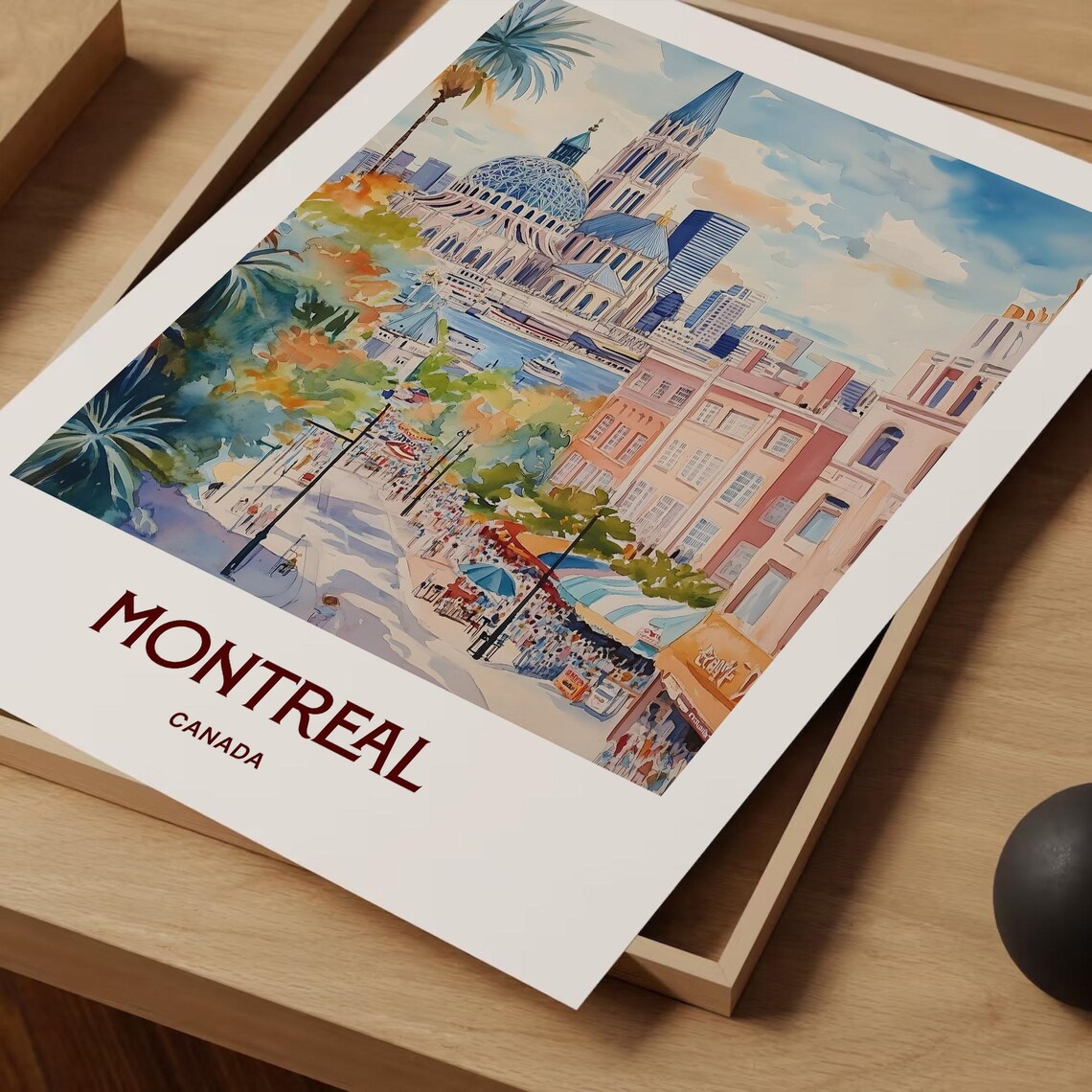 Montreal Canada Watercolor Basilica City Skyline Busy Street Scene Poster - Image 2