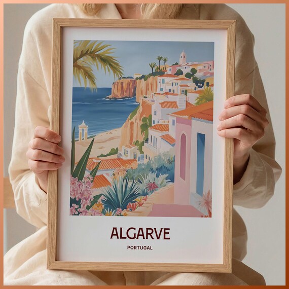 Algarve Portugal Coastal Cliffs Beach Town Pastel Travel Poster