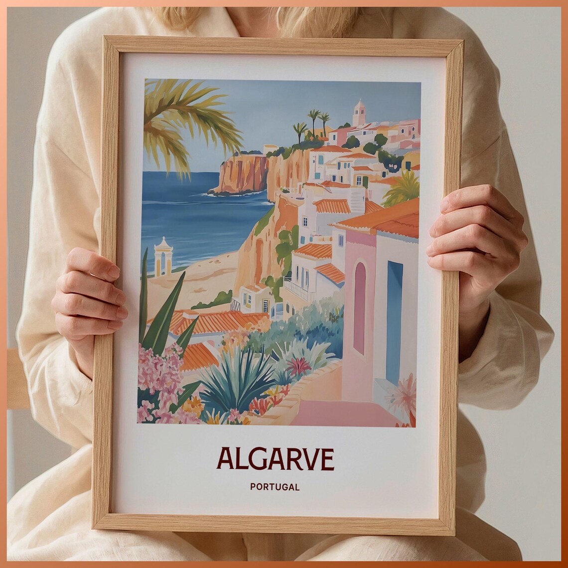 Algarve Portugal Coastal Cliffs Beach Town Pastel Travel Poster