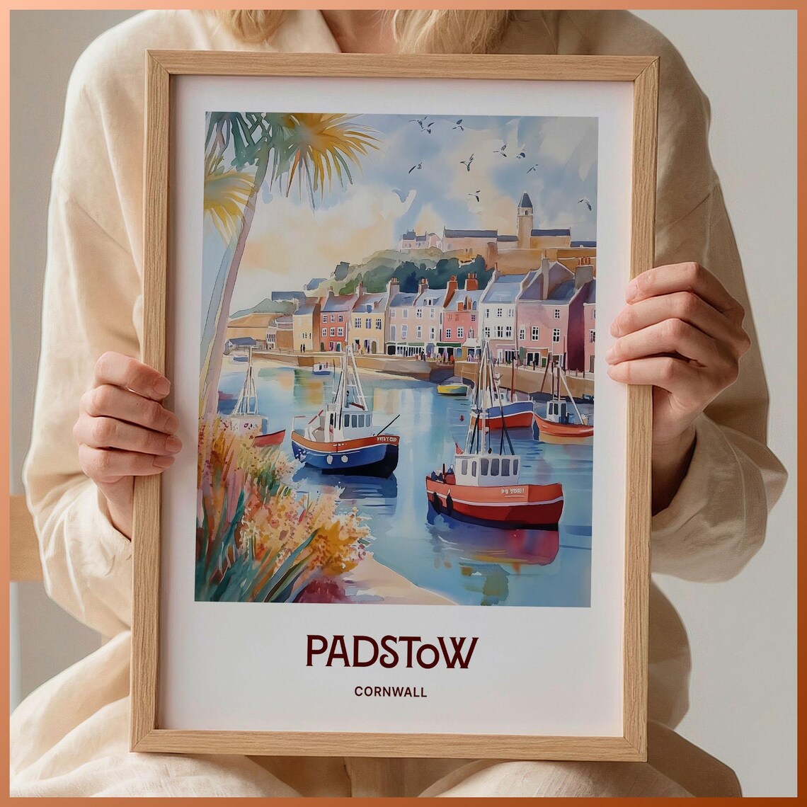 Padstow Cornwall Fishing Boats Harbor Watercolor Travel Poster