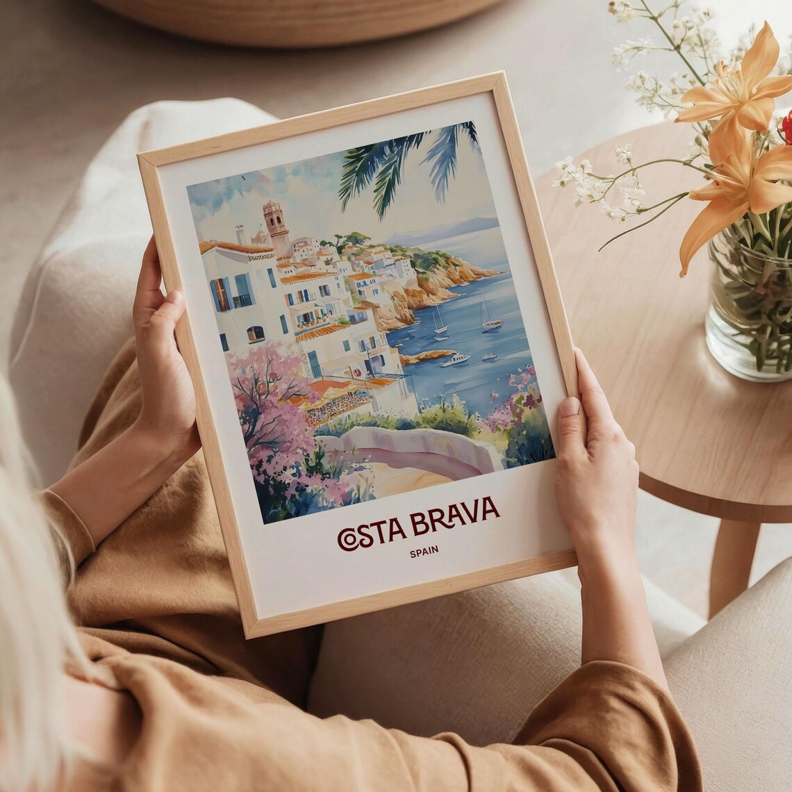 Costa Brava Spain White Village Coves Sailboats Watercolor Poster - Image 5