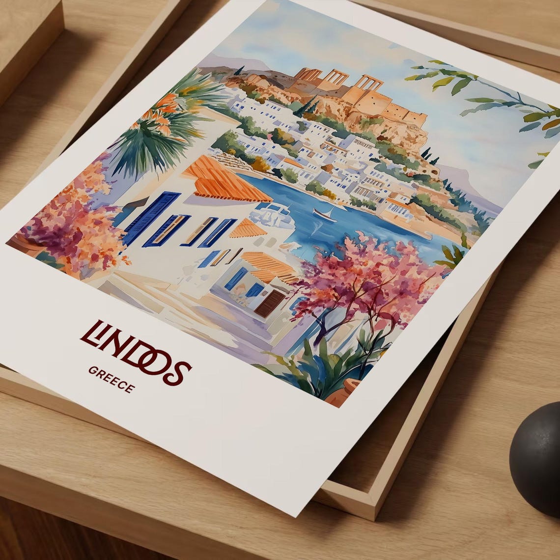 Lindos Rhodes Greece Watercolor Acropolis Harbor Town Poster - Image 2