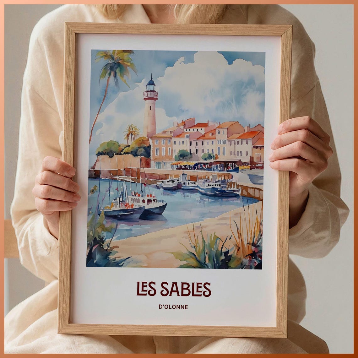 Les Sables Dolonne French Coast Harbor Lighthouse Watercolor Poster