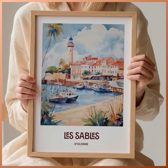 Les Sables Dolonne French Coast Harbor Lighthouse Watercolor Poster