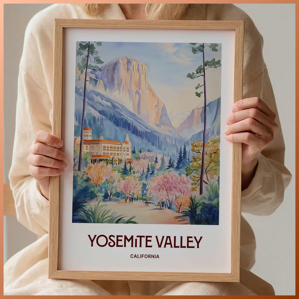 Yosemite Valley California El Capitan Watercolor Travel Poster Lodge