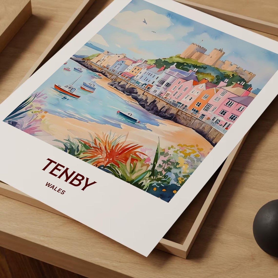 Tenby Wales Harbor Castle Colorful Seafront Watercolor Poster - Image 2