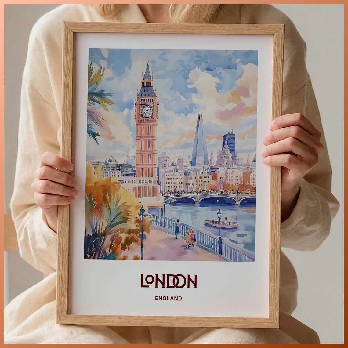 London England Big Ben Thames Riverside Pastel Watercolor City Poster