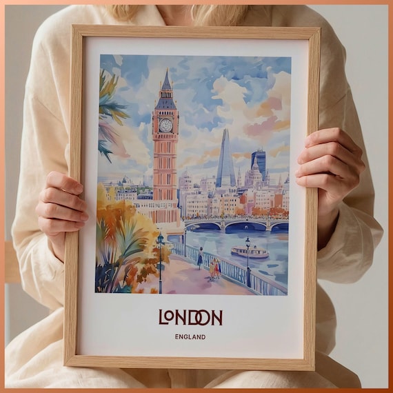 London England Big Ben Thames Riverside Pastel Watercolor City Poster