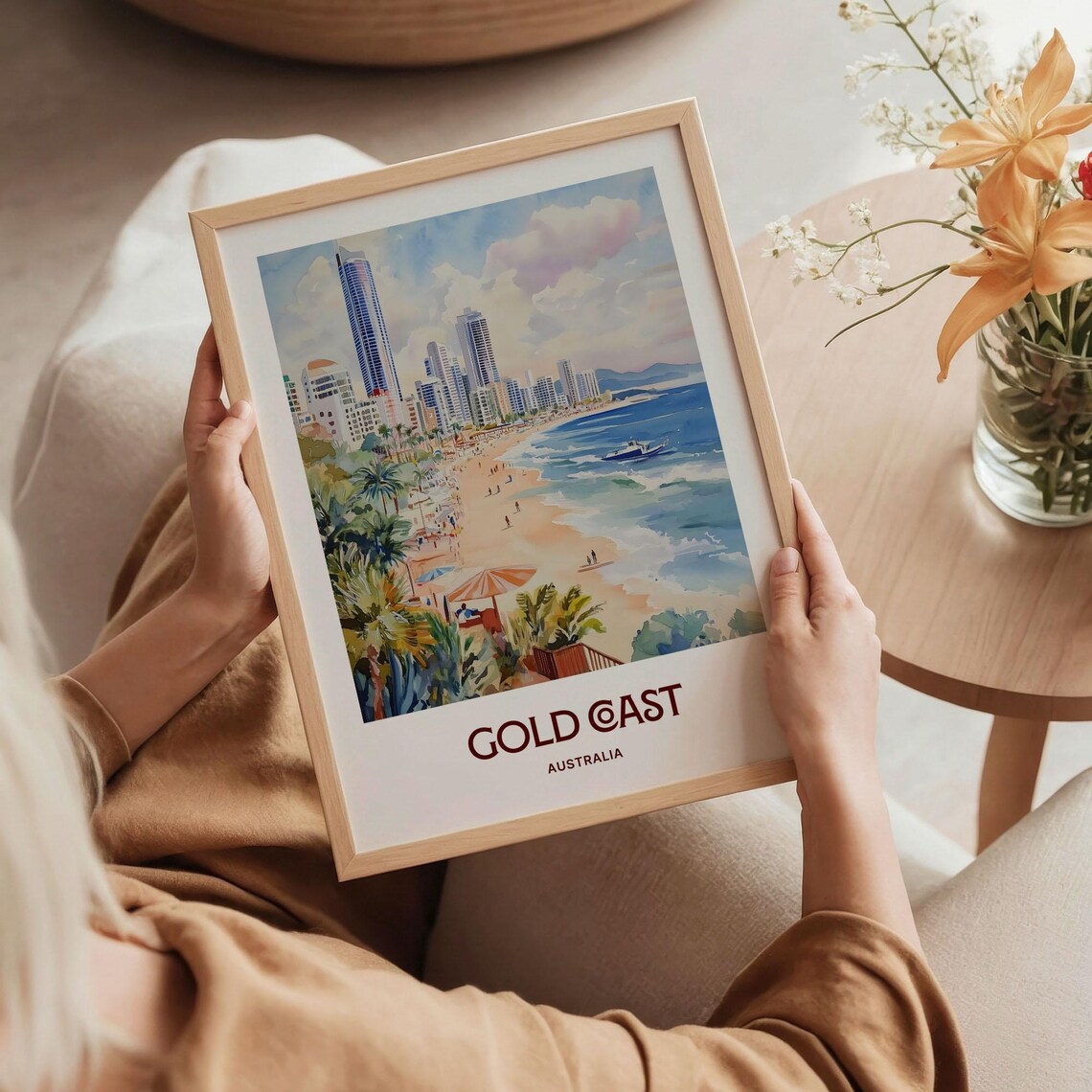 Gold Coast Australia Beach Skyline Surf Watercolor Travel Poster - Image 5
