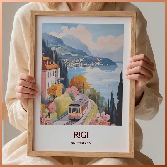 Rigi Switzerland Pastel Cogwheel Train Lake Mountain Scene Poster