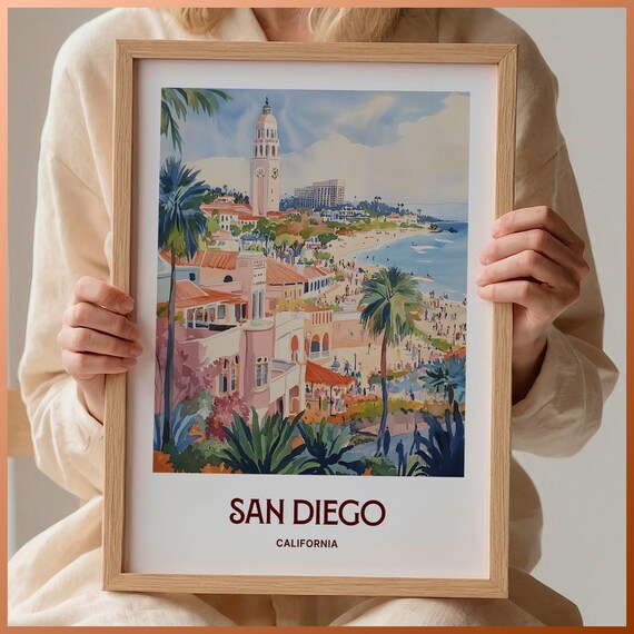San Diego California La Jolla Beach Watercolor Coastal Travel Poster Art