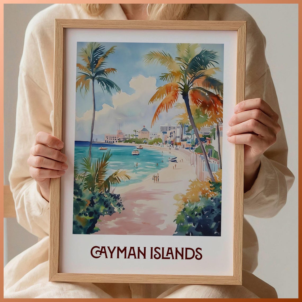 Cayman Islands Turquoise Beach Palm Tree Watercolor Tropical Poster