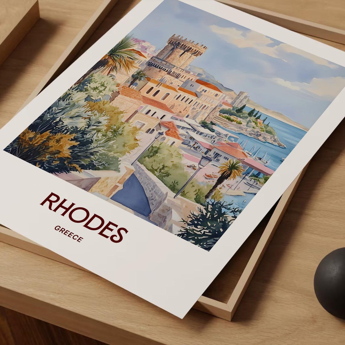 Rhodes Greece Old Town Harbor Medieval Castle Tower Pastel Poster - Image 2