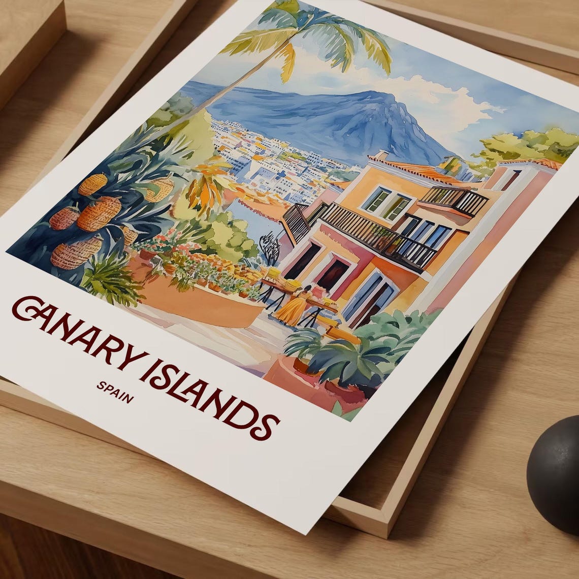 Canary Islands Spain Volcano Peak Town Watercolor Island Poster - Image 2