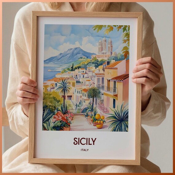 Sicily Italy Coastal Hillside Town Watercolor Poster Citrus View