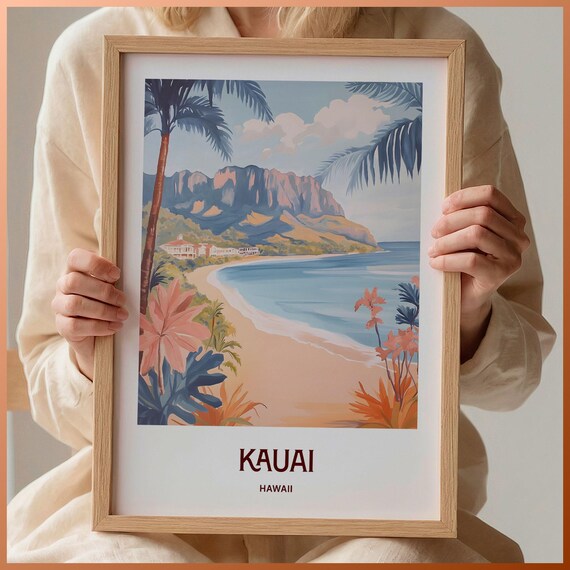Kauai Hawaii Beach Palms Mountain Coast Tropical Watercolor Travel Poster
