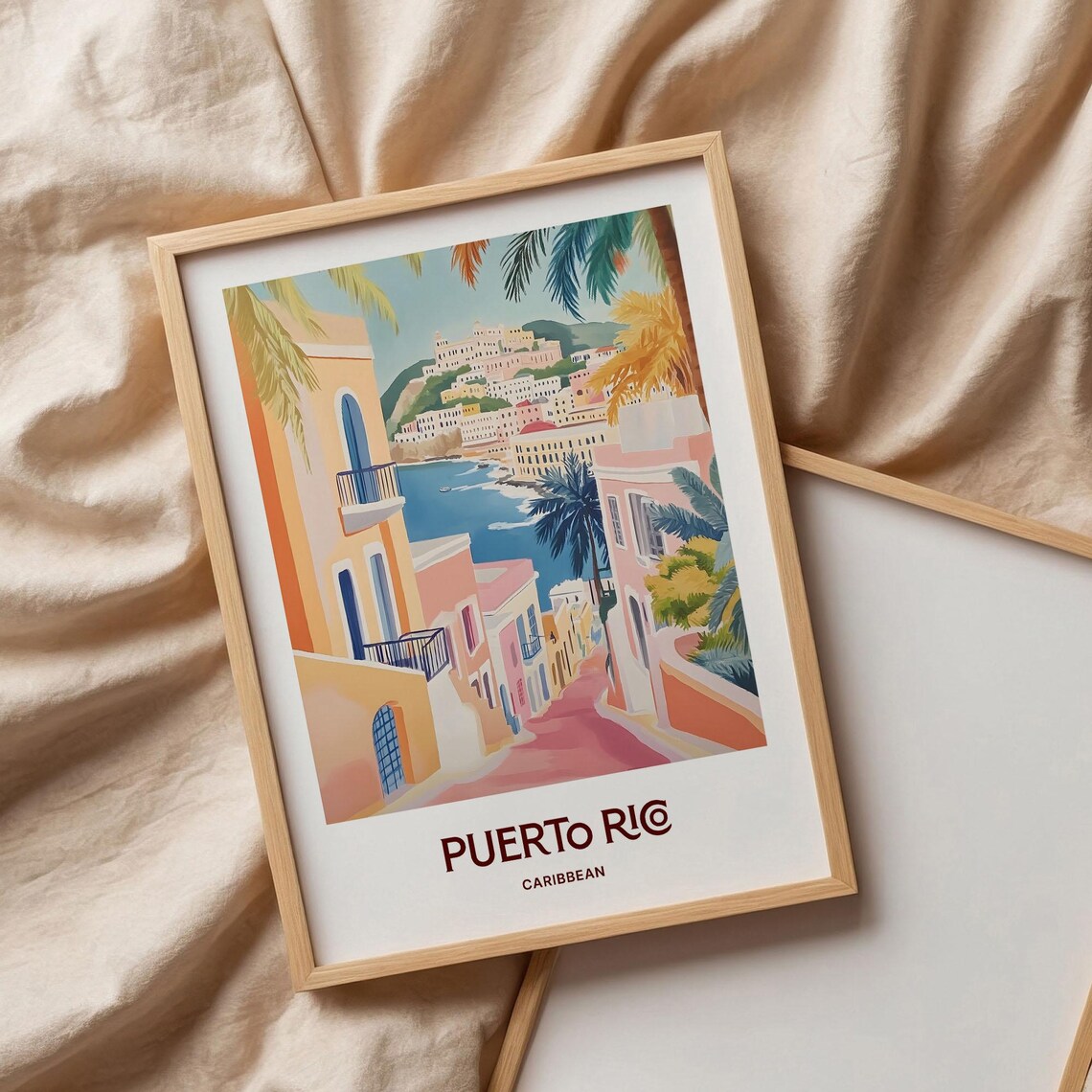 Puerto Rico Pastel Watercolor Caribbean Coastal Town Travel Poster - Image 3