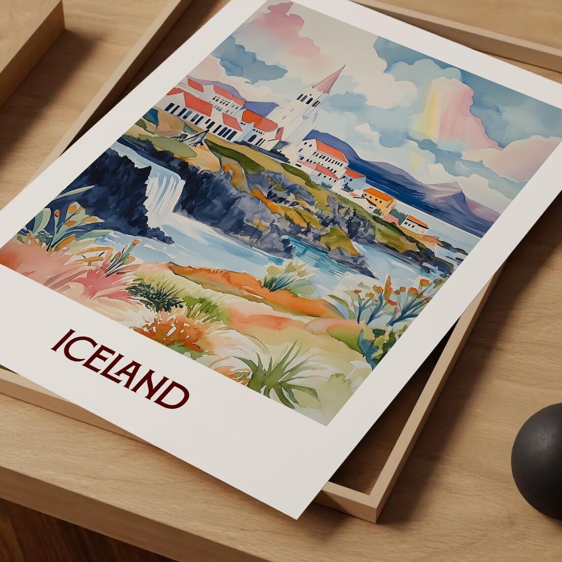 Iceland Coastal Church Waterfall Mountains Watercolor Travel Art Poster - Image 2