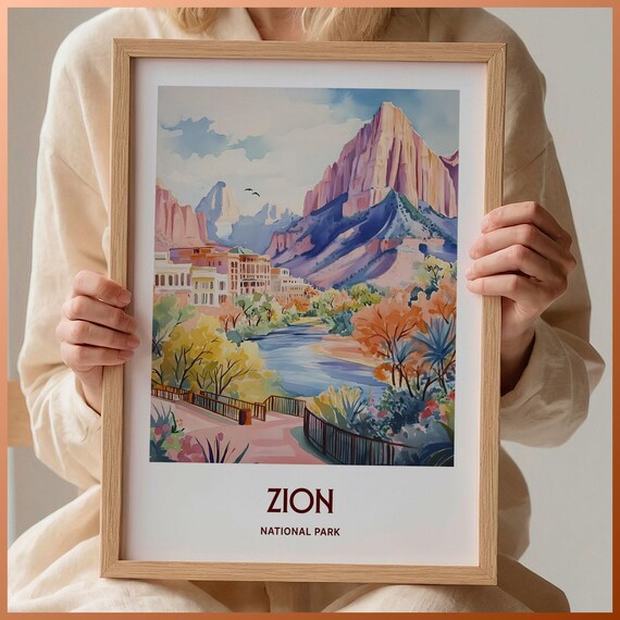 Zion National Park Red Cliffs River Watercolor Utah Landscape Poster