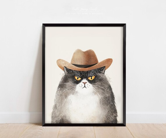 Grumpy Cat Cowboy Hat Brown Western Funny Cat Lover Gift Whimsy Poster