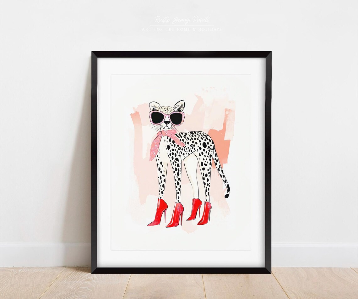 Cheetah Red High Heels Sunglasses Fashion Illustration Preppy Art Print Poster - Image 3
