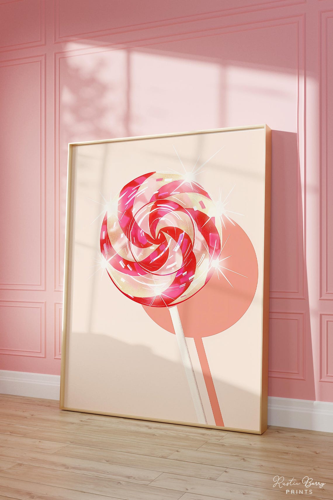 Glossy Pink Swirl Lollipop Candy Sparkle Retro Wall Art Print