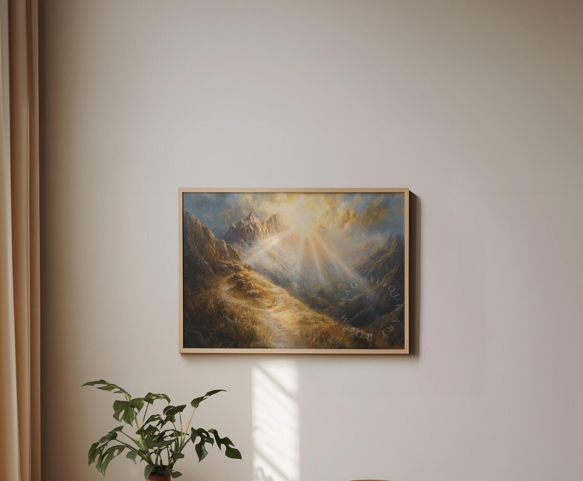 Sunbeams Over Mountain Ridge Golden Path Divine Light Landscape Painting Poster - Image 2