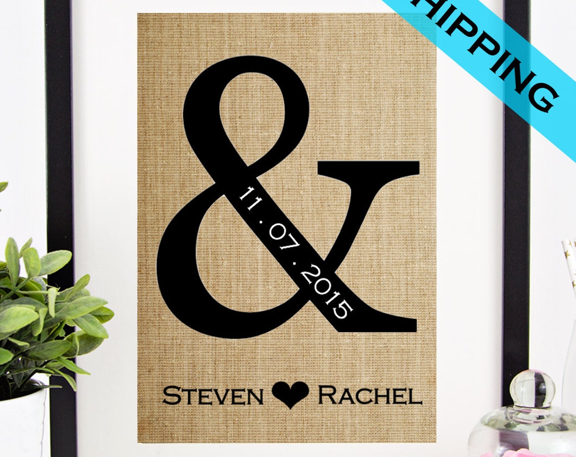 Ampersand Wedding Date Couples Names Modern Romantic Burlap Print