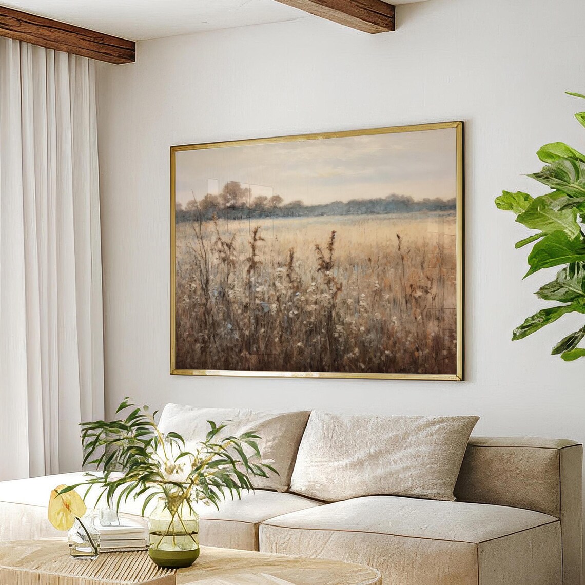 Golden Wildflower Field Soft Pastel Meadow Abstract Painting Poster