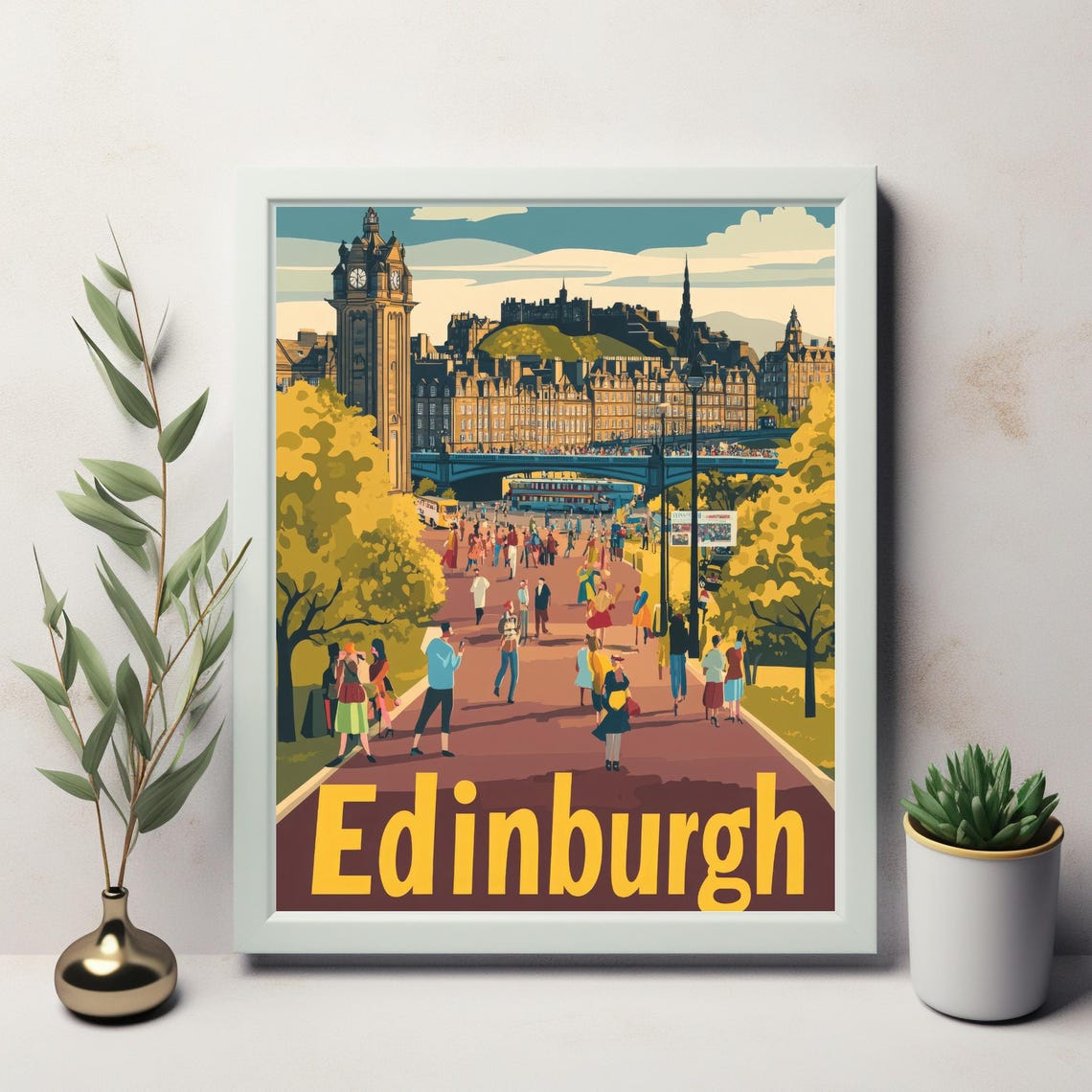 Vibrant Edinburgh Street Scene Illustration With Bold Edinburgh Typography Perfect For Wall Art And Instant