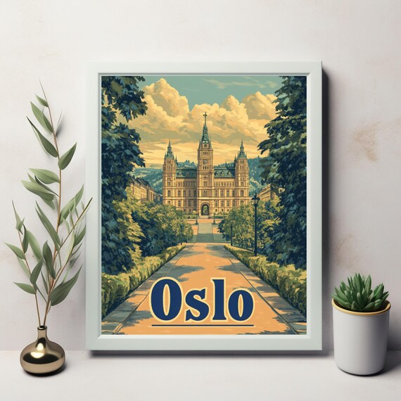 Vintage Oslo Illustration Grand Building With Lush Greenery And Soft Pastel Sky Wall Art