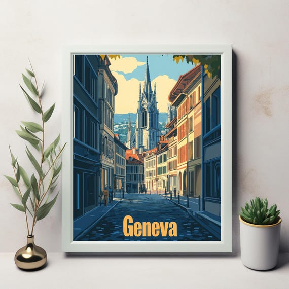 Explore The Charm Of Geneva A Vintage Travel Poster With Gothic Cathedral And Cobblestone Streets