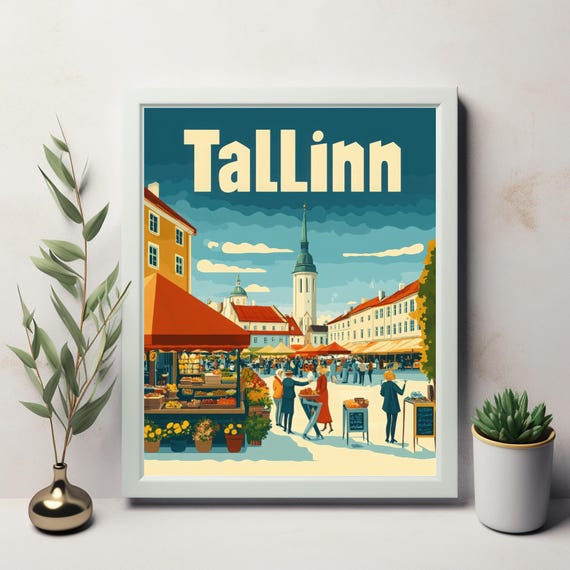 Vibrant Tallinn Market Scene Illustration Charming Art Print With Colorful Stalls And Historic Architecture