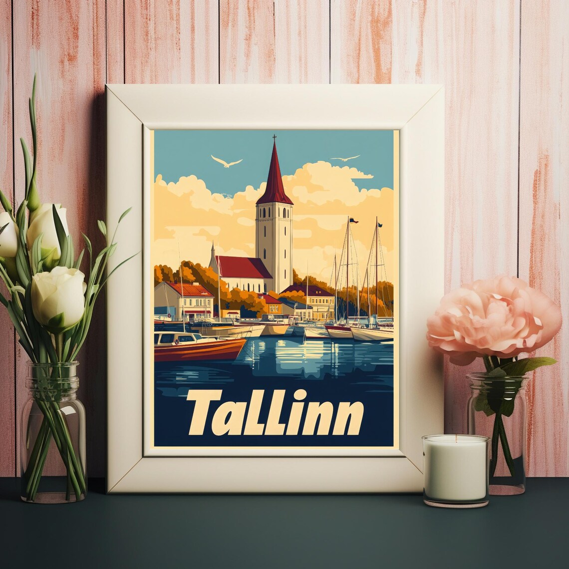 Tallinn Estonia Harbor Travel Poster with Church Tower and Boats Art