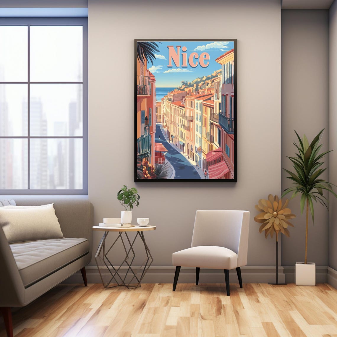 Vibrant Street Scene In Nice France Charming Coastal Art With Pastel Buildings And Blue Sea Vintage Travel Poster Style - Image 3