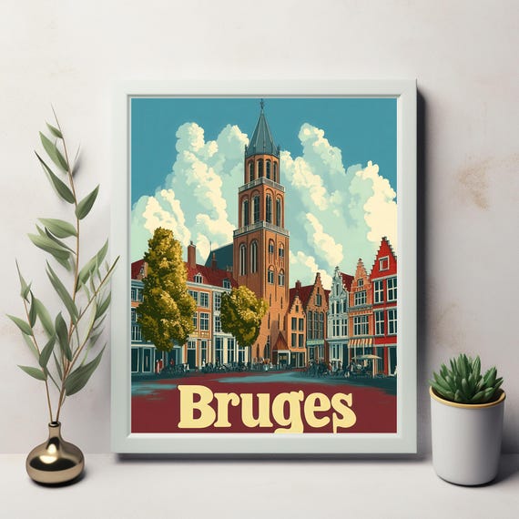 Bruges A Nostalgic Travel Poster Illustration Of The Charming Bell Tower And Colorful Architecture In Belgium