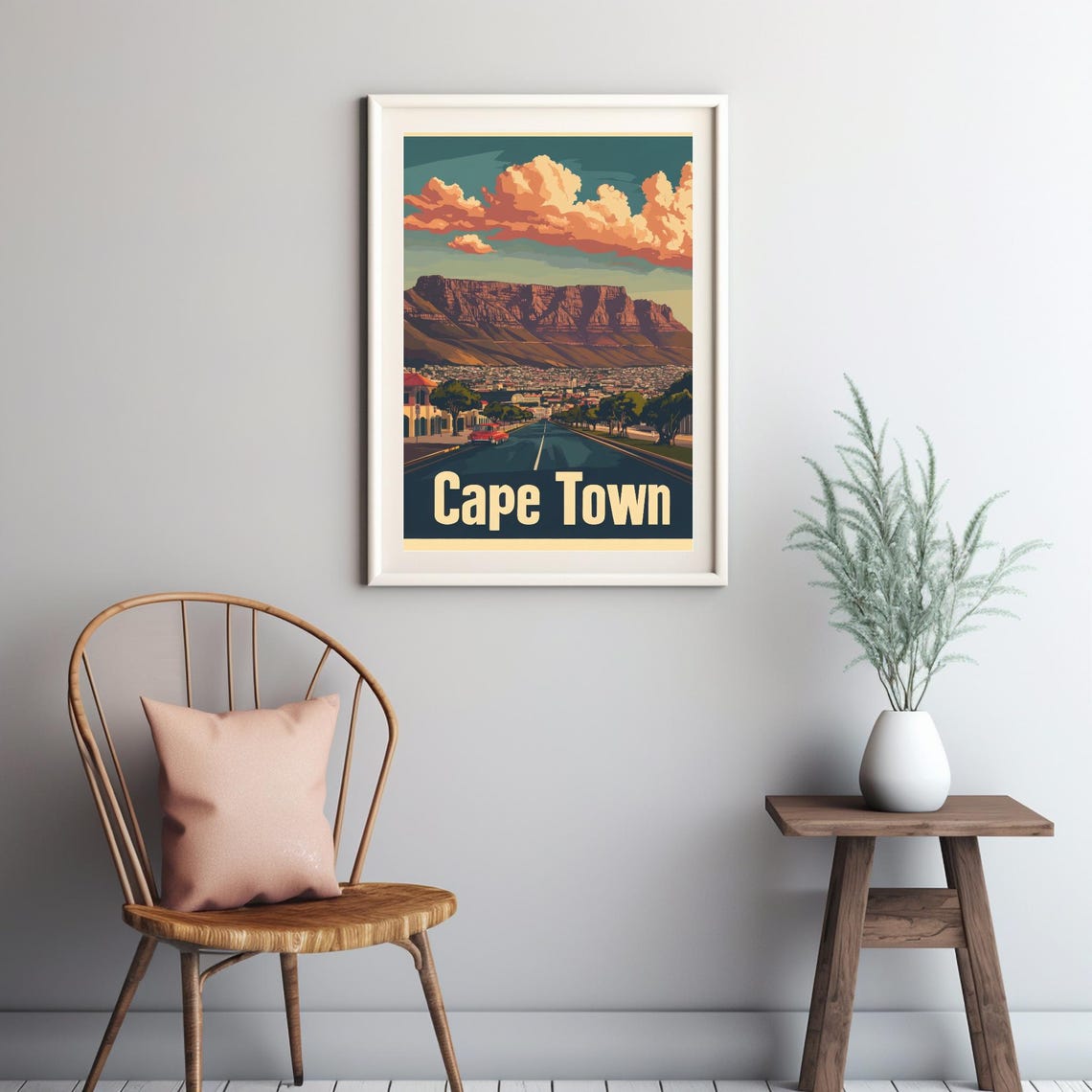 Vintage Cape Town Illustration With Table Mountain At Sunset Retro Wall Art Print For Instant - Image 2