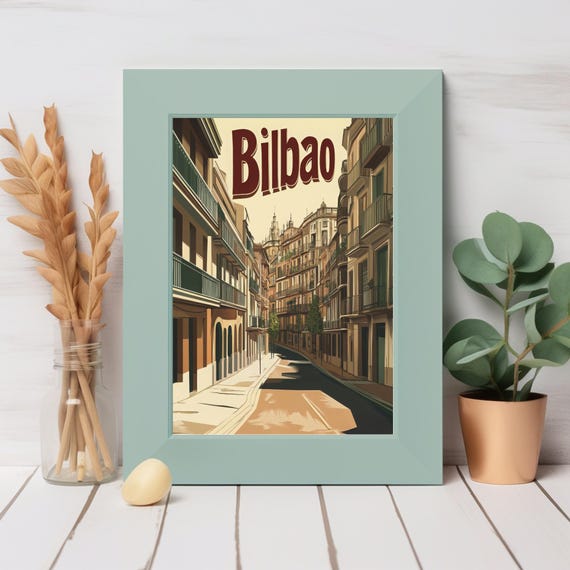 Vintage Bilbao Street Scene Illustration Charming Architecture And Warm Colors In Retro Style