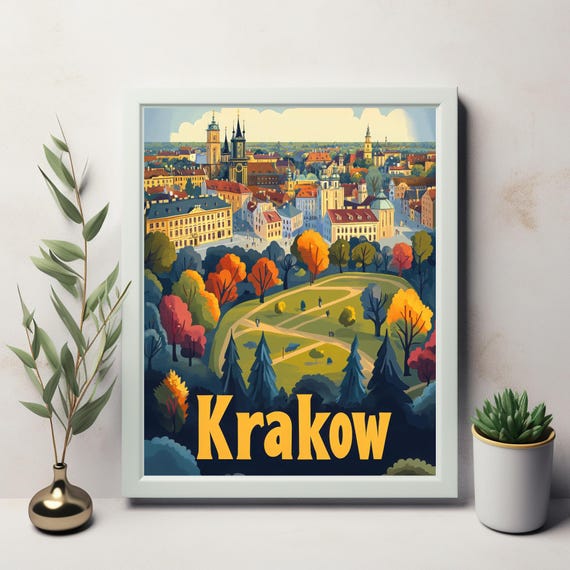 Vibrant Krakow Panorama Stylish Art Of The City With Bold Yellow Letters And Nostalgic Travel Poster Flair