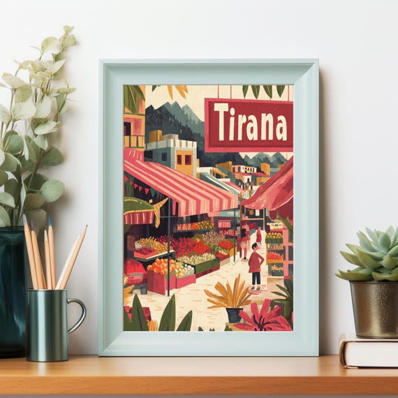 Vibrant Market Scene In Tirana A Colorful Community Experience With Fruits Vegetables And Scenic Mountains