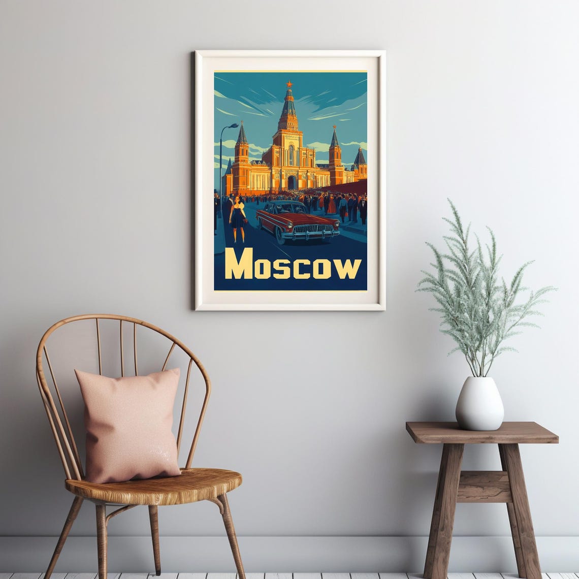 Vintage Moscow Poster Of Iconic Architecture With Classic Car And Elegant Crowd Art For Instant - Image 2