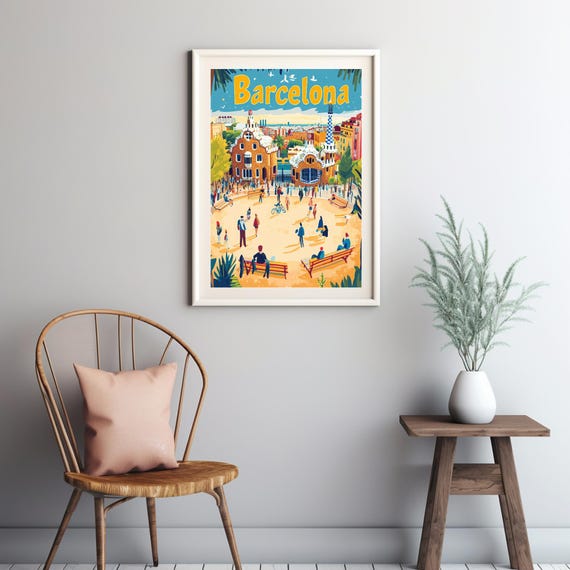 Vibrant Barcelona Plaza Illustration Whimsical Architecture And Lively Atmosphere In Bold Playful Art Style