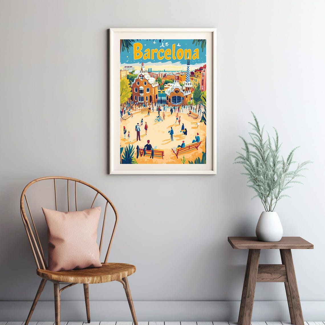 Vibrant Barcelona Plaza Illustration Whimsical Architecture And Lively Atmosphere In Bold Playful Art Style