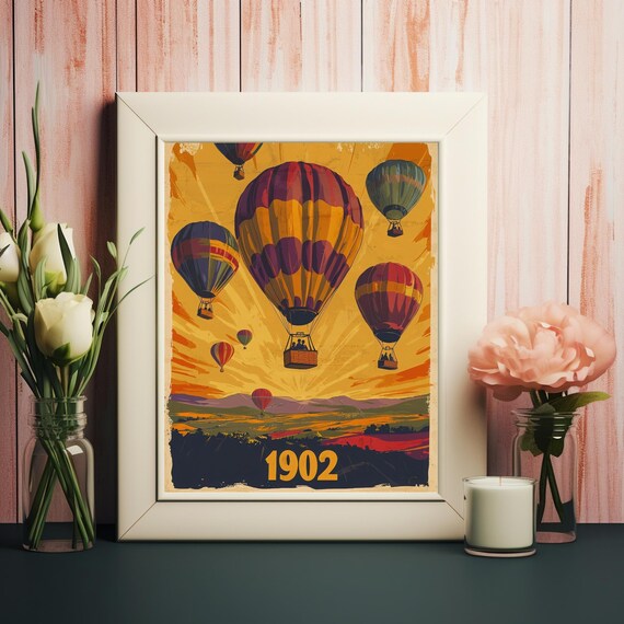 Vintage Hot Air Balloons In Golden Sky 1902 Illustration For Nostalgic Wall Art And Decor