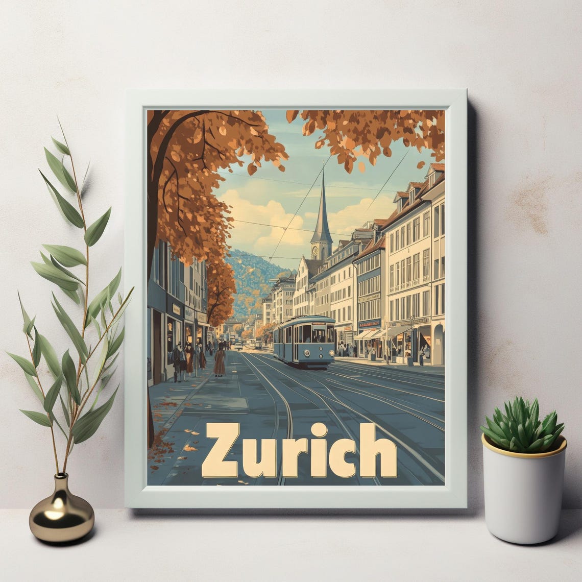 Vintage Zurich Street Scene Illustration With Tram And Charming Architecture Nostalgic Travel Art